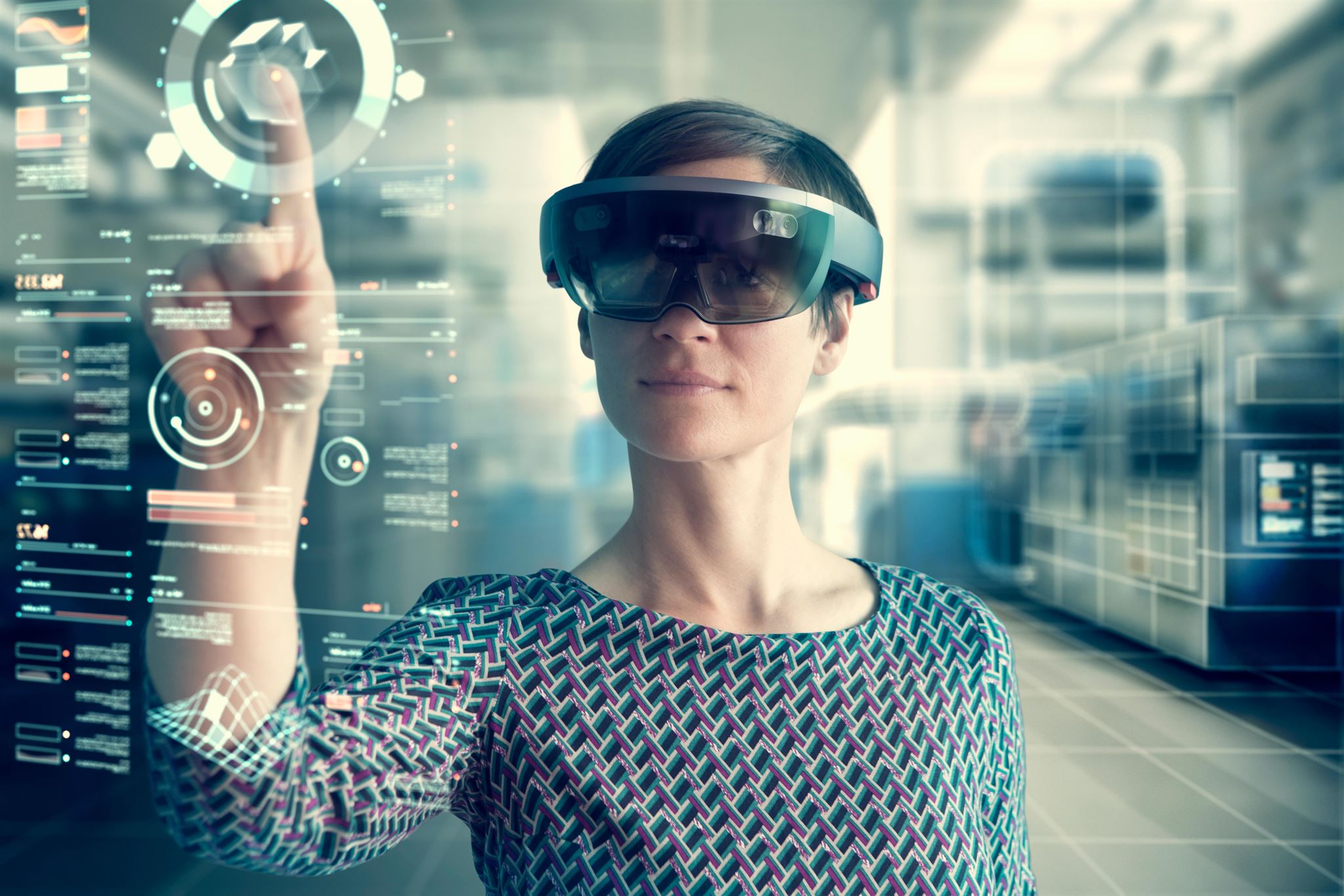 Person-wearing-mixed-reality-smartglasses-touching-transparent-screen