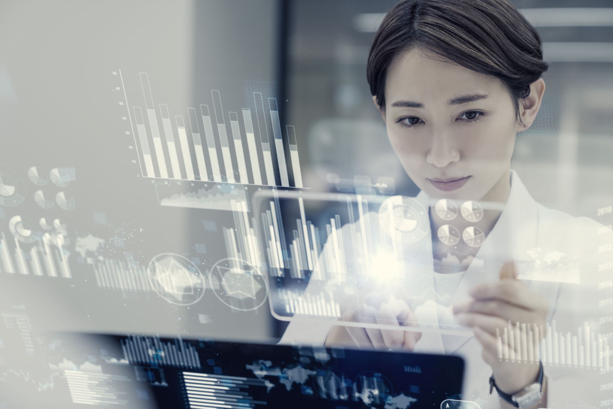 Scientist-looking-looking-at-a-futuristic-display-with-data